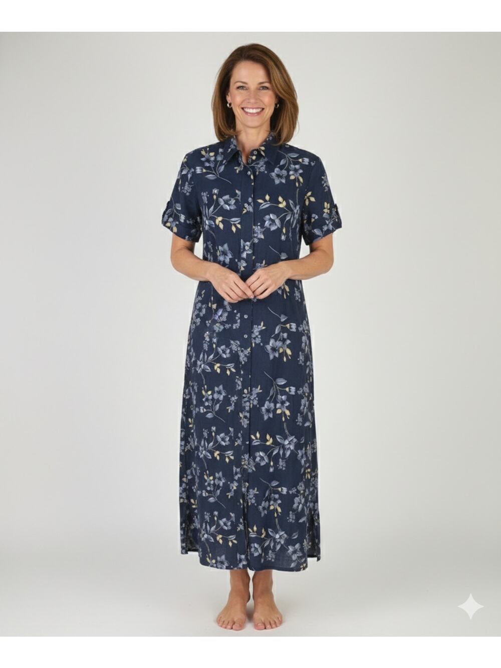 Notations Vintage Maxi Dress Womens Size Small Linen Blend Floral Blue Button Up